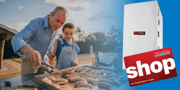 A dad and daughter duo cook on the BBQ! Maybe a final Summer BBQ? A RunTru furnace and costco gift card are displayed alongside them, showing how by taking advantage of an early bird furnace sale they could get a $200 costco card for an Summer send off