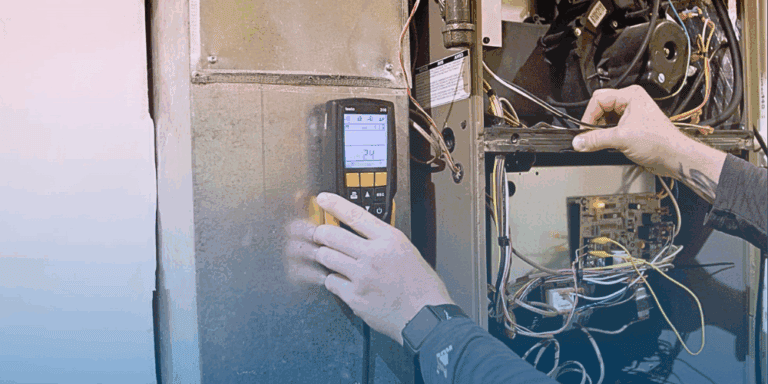 Image showing the hands of a ProSolutions technician testing a furnace as apart of a FREE furnace tune-up you get when you take part in our Super AC Sale!